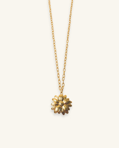 Cadena de Flor Larga en bronce bañado en oro de 24k con dije floral de 4 cm sobre fondo neutro.